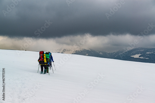 Group of hikers explore the snow desert high in the mountains.