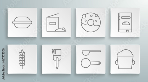Set line Cereals with rice, wheat, corn, oats, rye, Flour pack, Kitchen brush, Measuring spoon, Bakery bowl dough, Donut sweet glaze, Cookbook and Macaron cookie icon. Vector