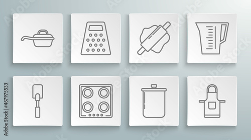Set line Spatula, Grater, Gas stove, Cooking pot, Kitchen apron, Rolling pin, Measuring cup and Frying pan icon. Vector