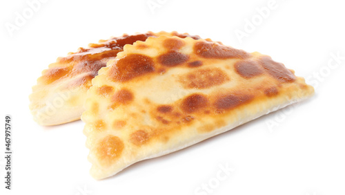 Delicious fried chebureki isolated on white. Traditional pastry