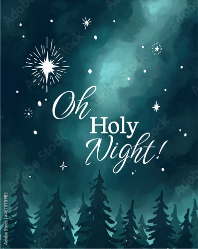 Illustration oh holy night with star on night sky texture and forest