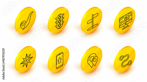 Set line Route location, Map pin, Infographic of city map navigation, Wind rose, Monitor and folded with, Road traffic sign, Traffic light and icon. Vector