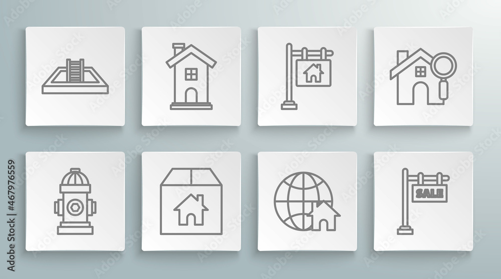Set line Fire hydrant, Home symbol, Cardboard box with house, Globe, Hanging sign text Sale, Search and Swimming pool ladder icon. Vector Set line Fire hydrant, Home symbol, Cardboard box with house, Globe, Hanging sign text Sale, Search and Swimming pool ladder icon. Vector