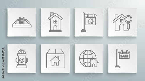 Set line Fire hydrant, Home symbol, Cardboard box with house, Globe, Hanging sign text Sale, Search and Swimming pool ladder icon. Vector