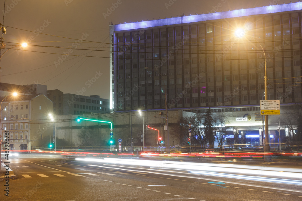 MOscow, Russia, Nov 2,2021: Night view of Apakov passage near Leninsky avenue. Car traces