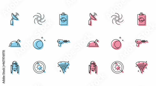 Set line Robot, Solar system, Radar, Black hole, Moon and stars, Ray gun, Planet with flag and icon. Vector
