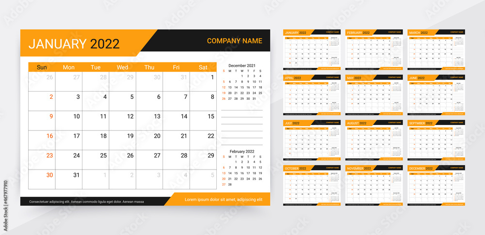 2022 Calendar. Table organizer template. Monthly calender planner. Week starts Sunday. Vector. Schedule grid with 12 month. Corporate yearly diary layout. Horizontal planer. Simple illustration. - obrazy, fototapety, plakaty 
