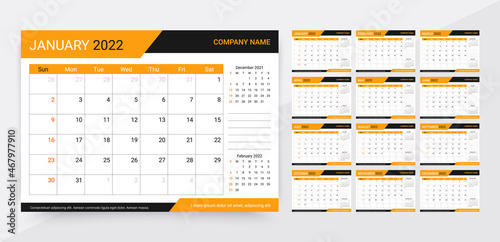 2022 Calendar. Table organizer template. Monthly calender planner. Week starts Sunday. Vector. Schedule grid with 12 month. Corporate yearly diary layout. Horizontal planer. Simple illustration.