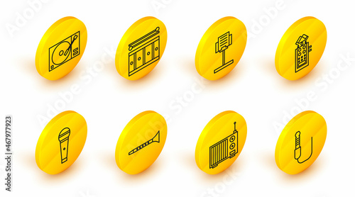 Set line Audio jack, Radio with antenna, Clarinet, Microphone, Music stand, Drum drum sticks and Vinyl player vinyl disk icon. Vector