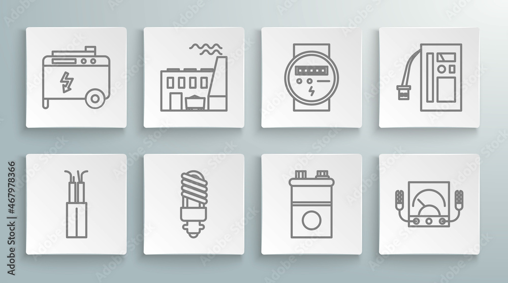 Set line Electric cable, Coal power plant and factory, LED light bulb, Car battery, Ampere meter, multimeter, voltmeter, Battery and Portable electric generator icon. Vector Set line Electric cable, Coal power plant and factory, LED light bulb, Car battery, Ampere meter, multimeter, voltmeter, Battery and Portable electric generator icon. Vector