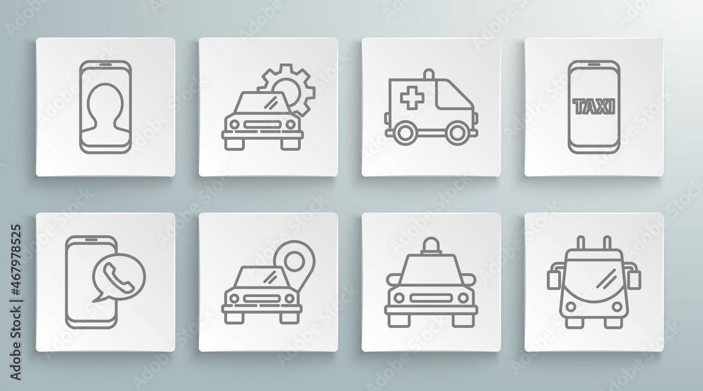 Set line Taxi call telephone service, Car, Map pointer with taxi, car, Trolleybus, Ambulance and emergency, and icon. Vector