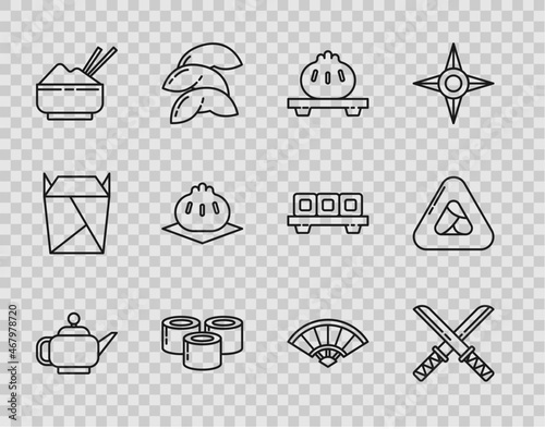 Set line Japanese tea ceremony, Traditional katana, Dumpling cutting board, Sushi, Rice bowl with chopstick, Khinkali, Paper chinese or japanese folding fan and icon. Vector
