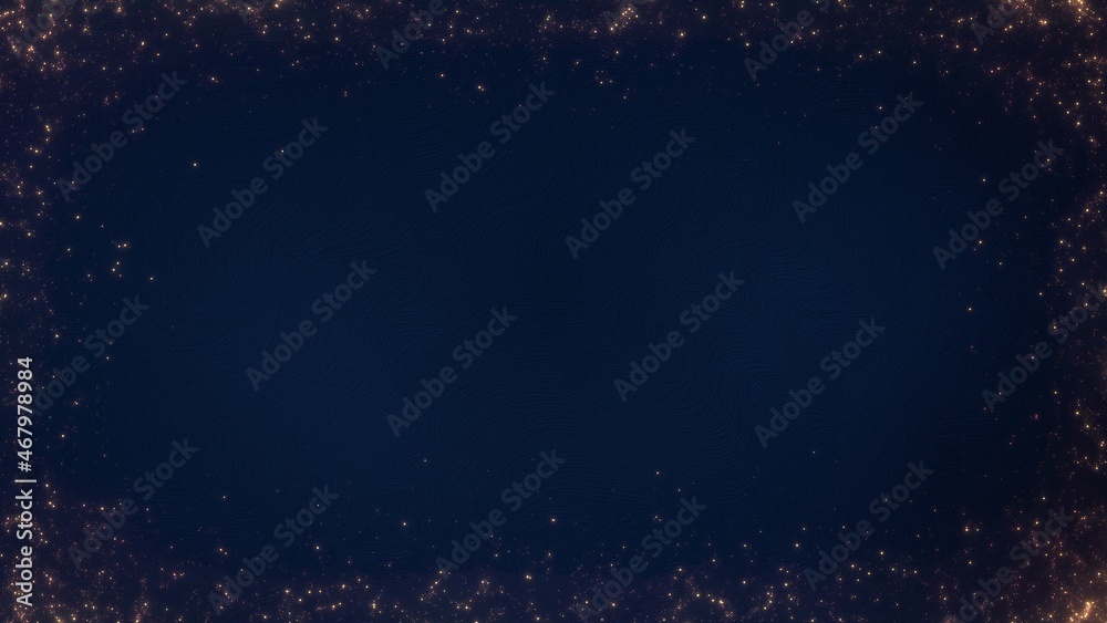 Obraz premium Festive abstract blue and gold particle banner background greeting card with copy space. Concept 3D illustration. Luxury Christmas celebration and elegant religious Happy New Year holiday ceremony.