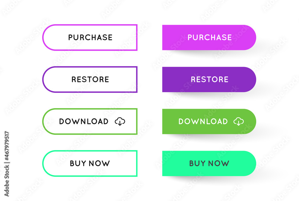 Set of Vector Modern Gradient App or Game Buttons. Trendy gradient colors with shadows. Set of Vector Modern Gradient App or Game Buttons. Trendy gradient colors with shadows.