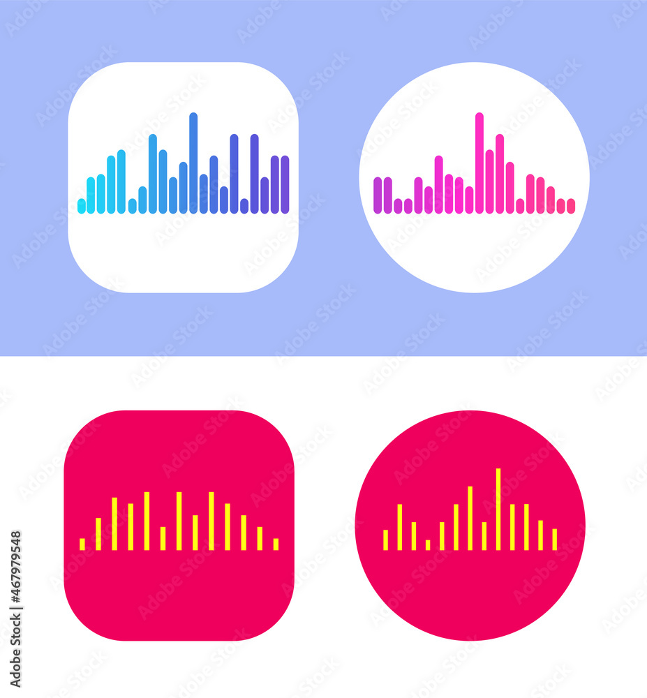 Four Icons Design with Waves of the equalizer. EQ Vector Illustration. Voice Memo Recorder Icon. Square and Cirlce Shape.