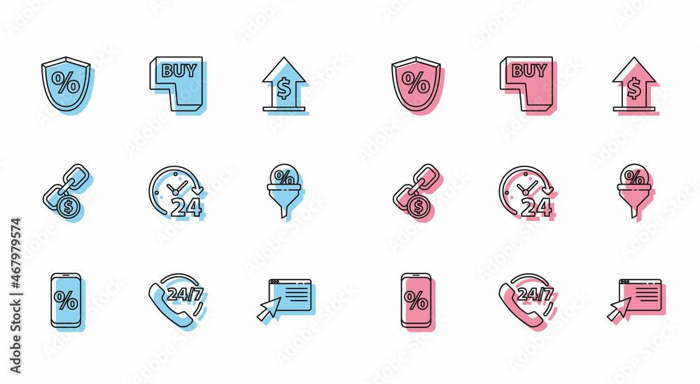 Set line Percent discount and mobile, Telephone 24 hours support, Loan percent, Online shopping screen, Clock, Lead management, Chain link coin and Buy button icon. Vector Set line Percent discount and mobile, Telephone 24 hours support, Loan percent, Online shopping screen, Clock, Lead management, Chain link coin and Buy button icon. Vector