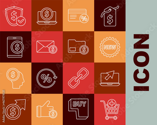 Set line Add to Shopping cart, Laptop and cursor, Price tag with New, Discount card percent, Envelope coin dollar, Tablet, Shield and icon. Vector