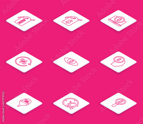Set line Price tag with New, dollar, Laptop, Discount percent, Eye, Business man planning mind, Lead management and Clock 24 hours icon. Vector