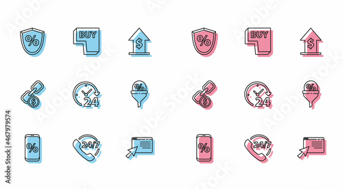 Set line Percent discount and mobile, Telephone 24 hours support, Loan percent, Online shopping screen, Clock, Lead management, Chain link coin and Buy button icon. Vector