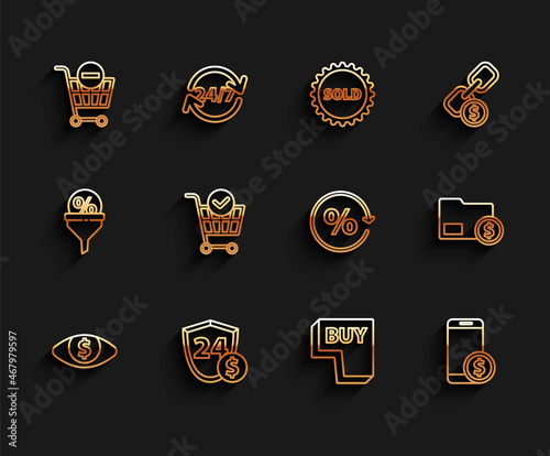 Set line Eye with dollar, Shield, Remove shopping cart, Buy button, Smartphone, Shopping check mark, Envelope coin and Discount percent tag icon. Vector