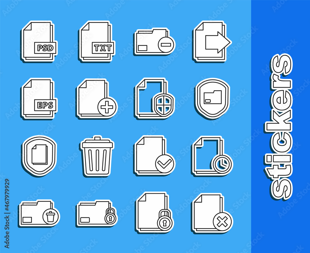Set line Delete file document, Document with clock, folder protection, minus, Add new, EPS, PSD and concept icon. Vector Set line Delete file document, Document with clock, folder protection, minus, Add new, EPS, PSD and concept icon. Vector
