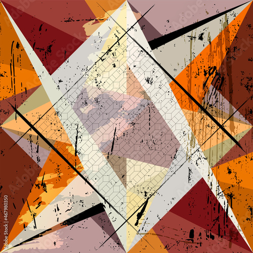 abstract geometric background pattern, with triangles, squares, paint strokes and splashes