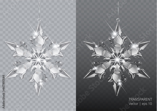 Vector realistic transparent Christmas snowflake decoration on a light abstract background. Glass sparkling translucent crystals