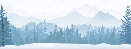 Horizontal banner. Magical misty landscape. Silhouette of forest and mountains, fog. Nature background. Blue and white illustration. ​Bookmark.