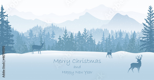 Winter landscape Christmas card. Deer, fawn, doe in snow, forest and mountains in the background. Magical misty nature, wildlife. Merry Christmas and Happy New Year.