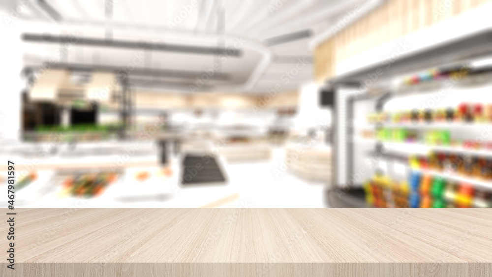 Wood grain desk on a super market blur background,mock up,3d rendering Wood grain desk on a super market blur background,mock up,3d rendering