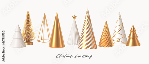 Set of different style Christmas tree cone. White and golden 3d render realistic abstract Christmas trees. Christmas decorations. Vector illustration.