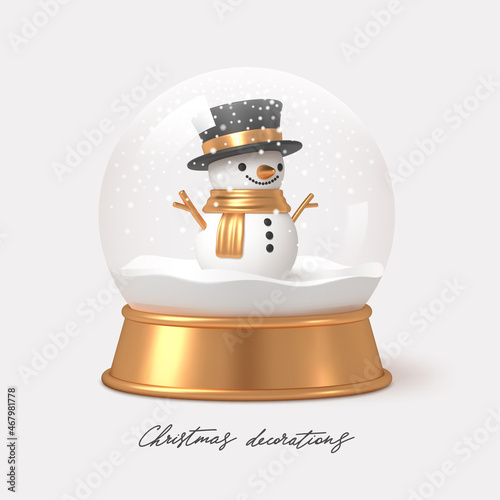 Realistic 3d render snowglobe with snowman. Christmas decoration. Vector illustration.