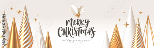 Christmas greeting card with 3d render differen style golden christmas trees, calligraphy and holly berry. Christmas decorations. Vector illustration.