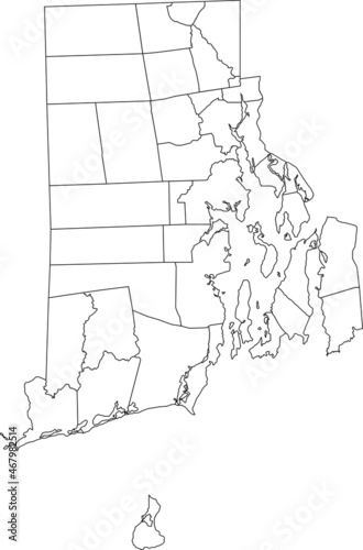 White blank vector administrative map of the Federal State of Rhode Island, USA with black borders of its municipalities