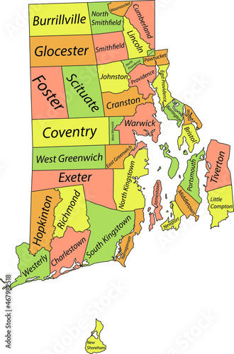 Pastel vector administrative map of the Federal State of Rhode Island, USA with black borders and name tags of its municipalities