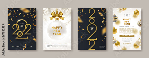 Set of greeting card with golden 2022 New Year logo. New year glitter gold sign, Vector illustration. Holiday design for greeting card, invitation, cover, calendar, etc.