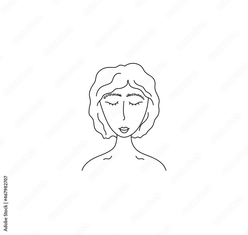 Vector isolated girl head with loose hair bob hairstyle contour line