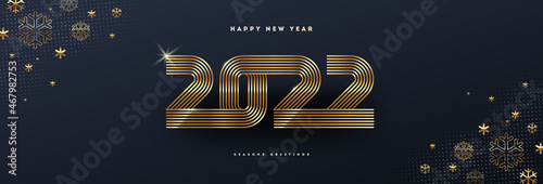 2022 new year logo. Greeting design with golden  number of year and snowflakes. Design for greeting card, invitation, calendar, etc.