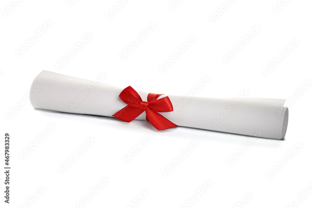 Rolled student's diploma with red ribbon isolated on white