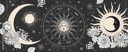 Black magic banner for astrology, fortune telling, horoscopes. Space background.