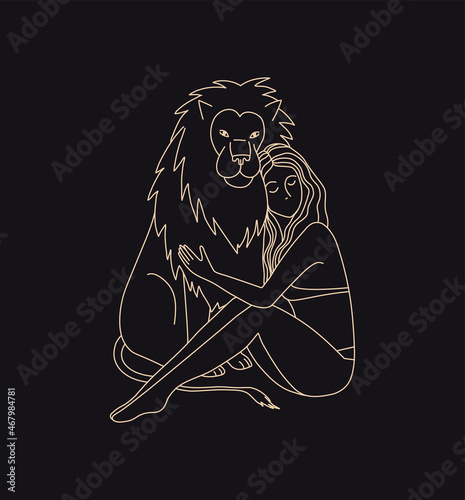 Zodiac sign Leo. Silhouette of the astrological sign of gold color on a dark background. Magic illustration. The woman and the lion. The girl hugs the lion. Mythical drawing. Starry sky. Solar system.