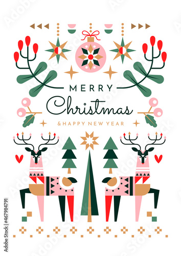 Pretty delicate Merry Christmas greeting card design on white with festive colorful reindeer, ornaments and holly around central text, colored vector illustration © Rudzhan