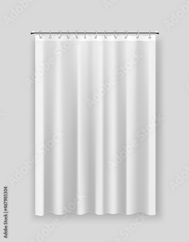 Vector white shower curtain with steel cornice, waterproof bathroom curtain, shower interior accessory.