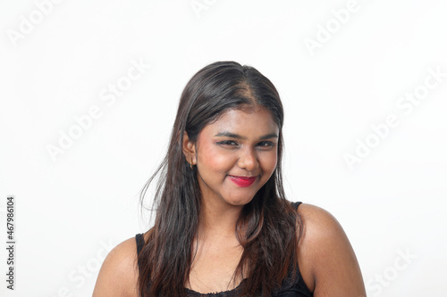 Young attractive Asian Indian woman pose face body expression mode emotion on white background witty pretty sexy funny smile