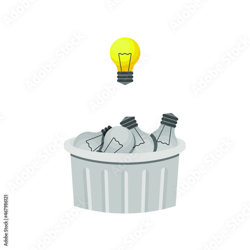 Extinct, non-working light bulbs are in the trash. the included lamp hangs in the air. Concept: constructive idea, mediocrity, creativity. Vector illustration, flat cartoon design isolated.