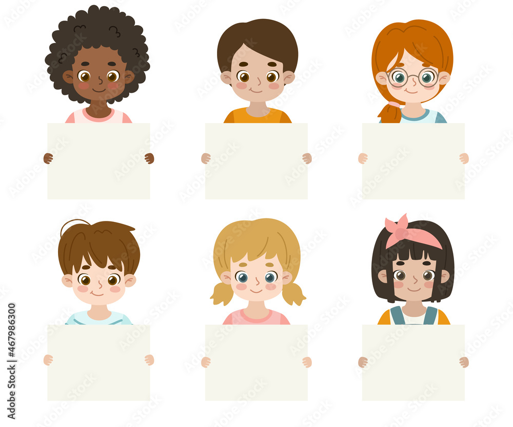 Cute set of children holding blank banner. Collection of cartoon kids showing empty paper sheet. Cute set of children holding blank banner. Collection of cartoon kids showing empty paper sheet.