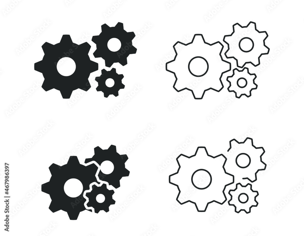 Set of vector icons, gears dark silhouette, black outline. Vector illustration, flat minimal cartoon design isolated on white background, eps 10. Set of vector icons, gears dark silhouette, black outline. Vector illustration, flat minimal cartoon design isolated on white background, eps 10.