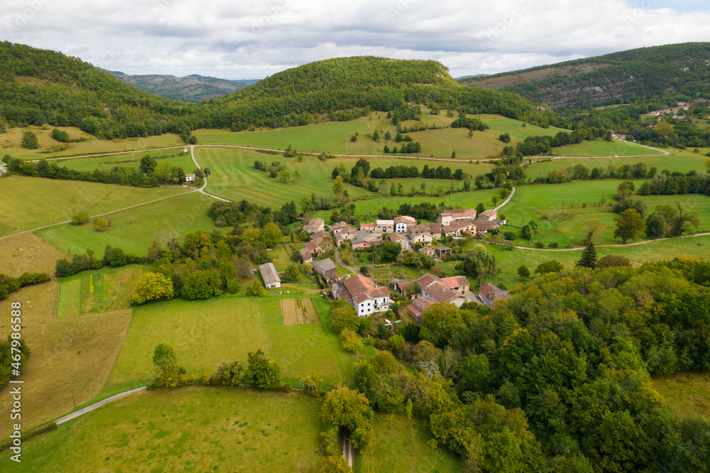 Rural little French village aerial view
