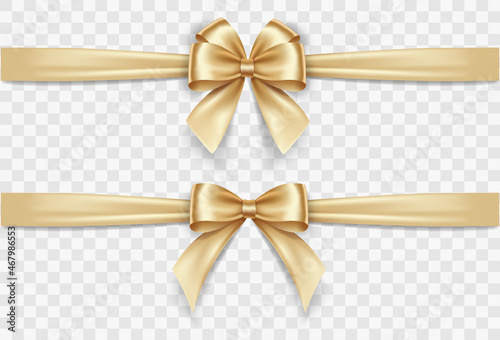 Set of satin decorative golden bows with horizontal yellow ribbon isolated on white background. Vector gold bow and gold ribbon