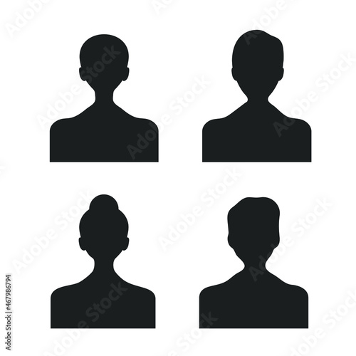 Black silhouettes of people, head, neck, shoulders. Men and woman, front view. Vector illustration, flat minimal cartoon design, isolated on white background, eps 10. Avatars, human icon set.